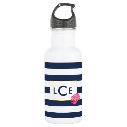 Navy Stripe en Roze Pony Monogram Water Fles (Voorkant)