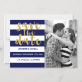 Navy Stripe Foto bewaart de datum Magnet-uitnodigi Magnetische Uitnodiging (Voorkant)