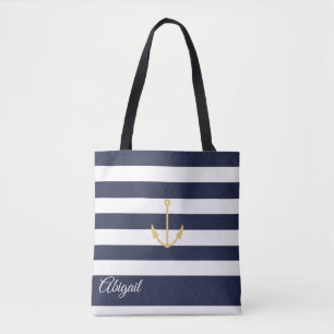 Navy Stripe Nautical Anchor Personalized Canvas ta Draagtas