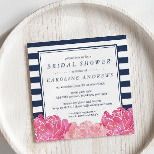 Navy Stripe & Pink Peony Bridal Shower Invitation Kaart