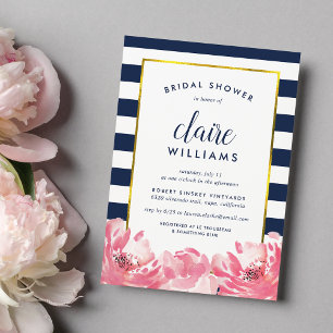 Navy Stripe & Pink Peony Bridal Shower Invitation Kaart