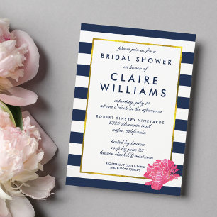 Navy Stripe & Pink Peony Bridal Shower Invitations Kaart