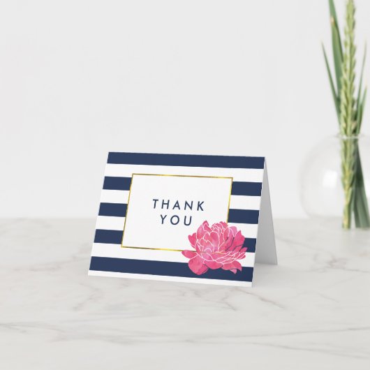 Navy Stripe & Pink Peony Dank u wel Bedankkaart (Voorkant)