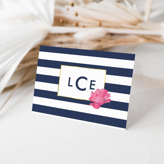 Navy Stripe & Pink Peony Monogram Note Cards Notitiekaartje