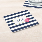 Navy Stripe & Pink Peony Monogram Onderzetters (Schuin)