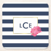 Navy Stripe & Pink Peony Monogram Onderzetters (Voorkant)