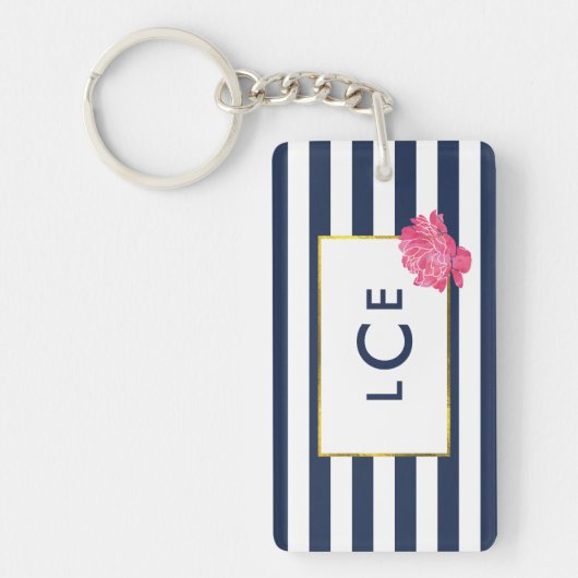 Navy Stripe & Pink Peony Monogram Sleutelhanger (Voorkant)
