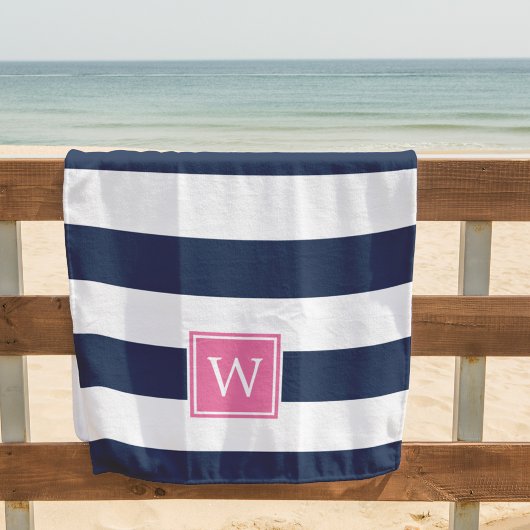 Navy Stripe & Roze Monogram Strandlaken