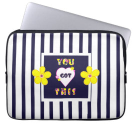 Navy Striped Helder Geel Art Flower Laptop Sleeve