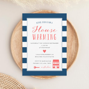 Navy Stripes Coral Housewarming Party Kaart