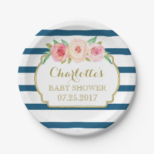 Navy Stripes Gold Pink Floral Baby shower Bord