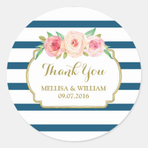 Navy Stripes Goud Roze Bloemen Bruiloft Favor Labe Ronde Sticker