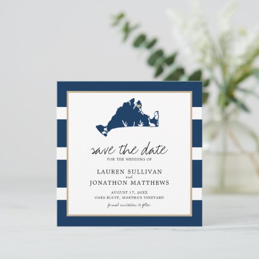 Navy Stripes Martha's Vineyard Map Save the Date (Staand voorkant)
