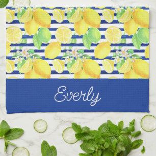 Navy Stripes met geel citroenpatroon Theedoek