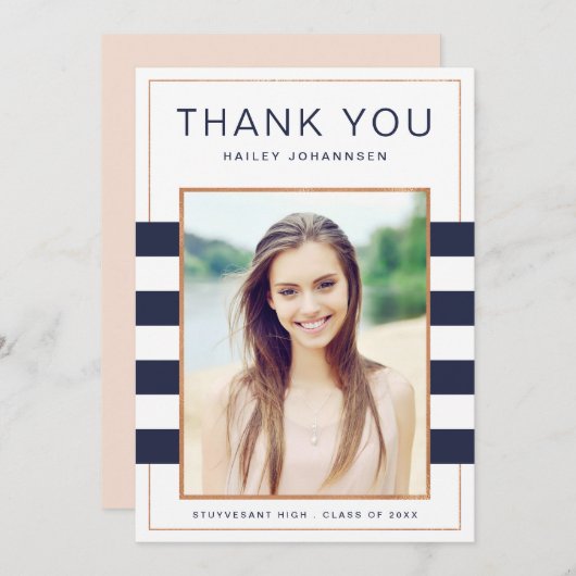 Navy Stripes Photo Afstuderen - Hartelijk dank Bedankkaart (Voorkant / Achterkant)