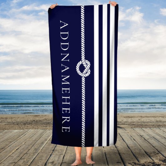 Navy Stripes & Rope Personal Name Bath Towel Badhanddoek