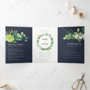 NAVY SUCCULENT WREATH FOLIAGE WATERVERF WEDDING DRIELUIK UITNODIGING