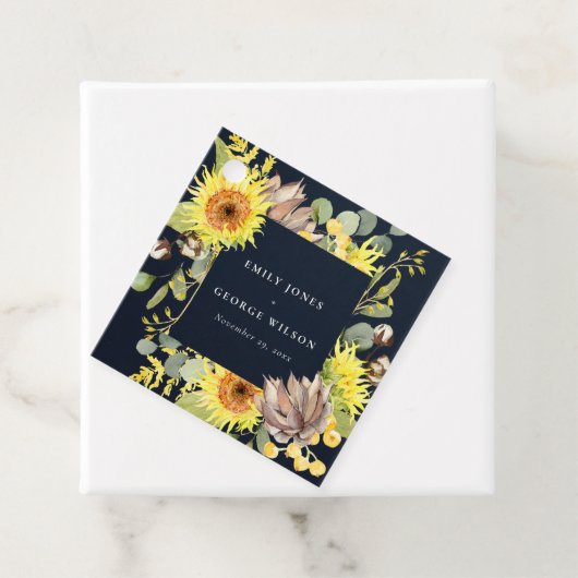 NAVY SUNFLOWER EUCALYPTUS PINE CONE FLORAL WEDING BEDANKJES LABELS (In situ)