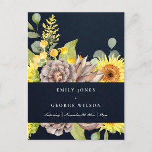NAVY SUNFLOWER EUCALYPTUS PINE CONE FLORAL WEDING UITNODIGING BRIEFKAART