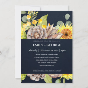 NAVY SUNFLOWER EUCALYPTUS PINE FLORA COUPLE INVITE BEDANKKAART