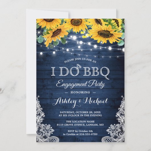 Navy Sunflower Lights I DO BBQ Engagement Party Kaart (Voorkant)