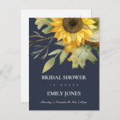 NAVY SUNFLOWER WATERVERF FLORAL VRIJGEZELLENFEEST UITNODIGING BRIEFKAART (Voorkant / Achterkant)