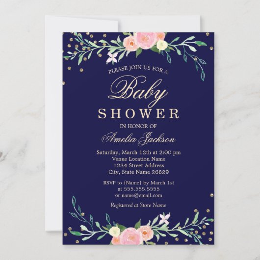 Navy Sweet Floral Sparkle Confetti Baby shower Kaart (Voorkant)