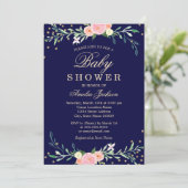 Navy Sweet Floral Sparkle Confetti Baby shower Kaart (Staand voorkant)