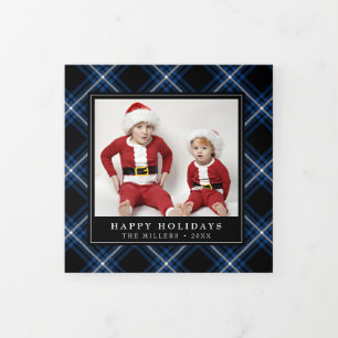Navy Tartan Pset-kerstdrievoud-fotokaart Drieluik Wenskaart