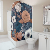 Navy & Taupe Boho Floral Print Douchegordijn (In situ)