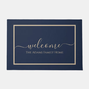 Navy Taupe Elegante Script Familienaam Welkom Deurmat