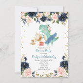 Navy Tea Party Dinosaur 3rd Birthday Invitation Kaart (Voorkant)