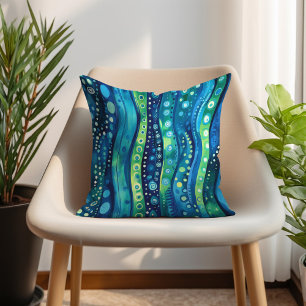 Navy Teal Lime Boheem Wavige Streep Kussen