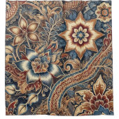 Navy Terracotta Boho Batik Floral Waterverf Douchegordijn (Voorkant)