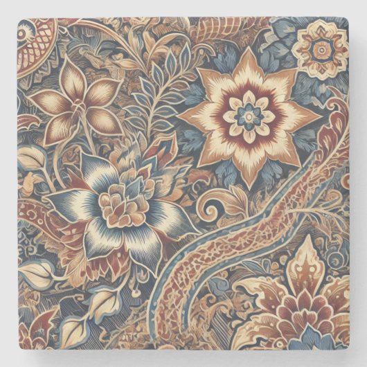 Navy Terracotta Boho Batik Floral Waterverf Stenen Onderzetter (Voorkant)