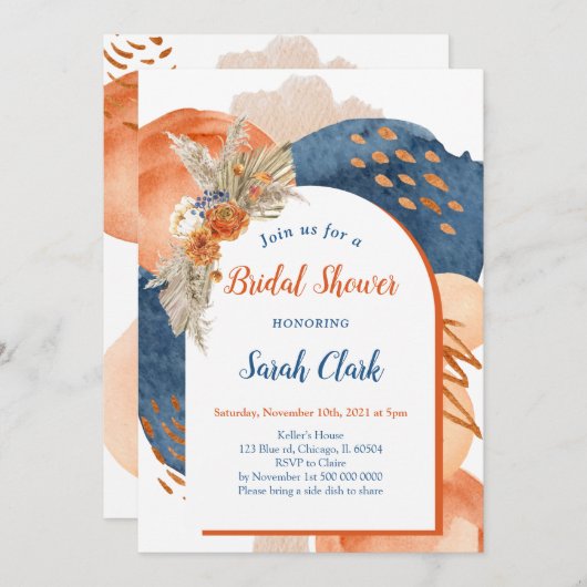 Navy Terracotta Boho Bridal Shower Invitation Kaart (Voorkant / Achterkant)