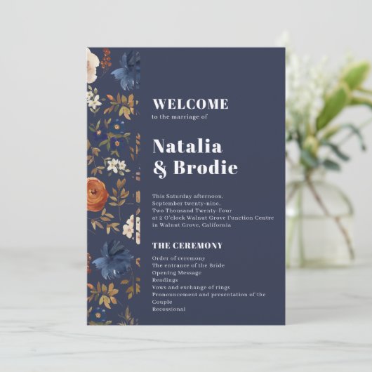 Navy Terracotta Boho Wedding Programme Kaart (Staand voorkant)