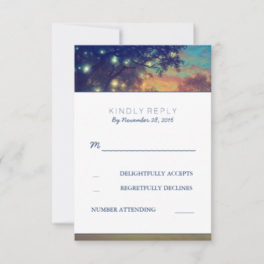 Navy Tree Lights Wedding RSVP Kaarten Kaartje (Voorkant)