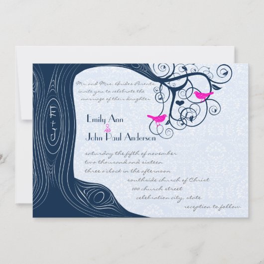 Navy Tree Swirls Fuchsia Pink Weddenschap Kaart (Voorkant)