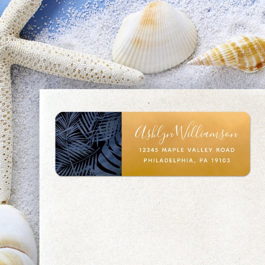 Navy tropical palm leaf modern script gold address etiket