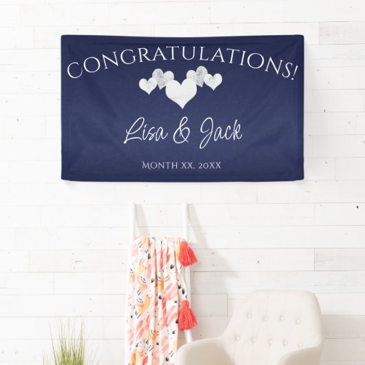 Navy Trouwbanner Elegante Witte Harten Spandoek