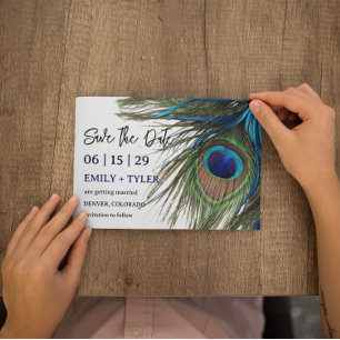 Navy Turquoise Peacock Feather Boho Bewaar de datu Aankondigingskaart