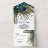 Navy Turquoise Peacock Feather Boho Wedding All In One Uitnodiging (Binnen)