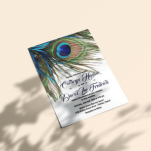 Navy Turquoise Peacock Feather Boho Wedding Invite Kaart