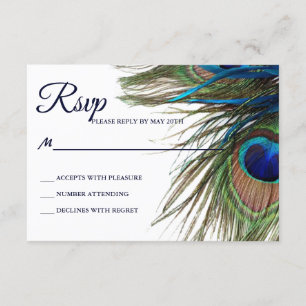 Navy Turquoise Peacock Feather Boho Wedding RSVP