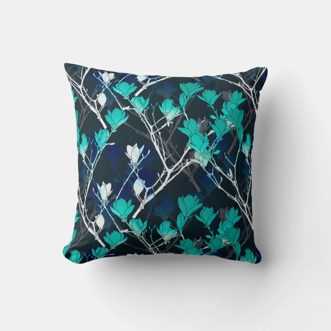 Navy Turquoise & White Modern Floral Pattern Kussen (Voorkant)