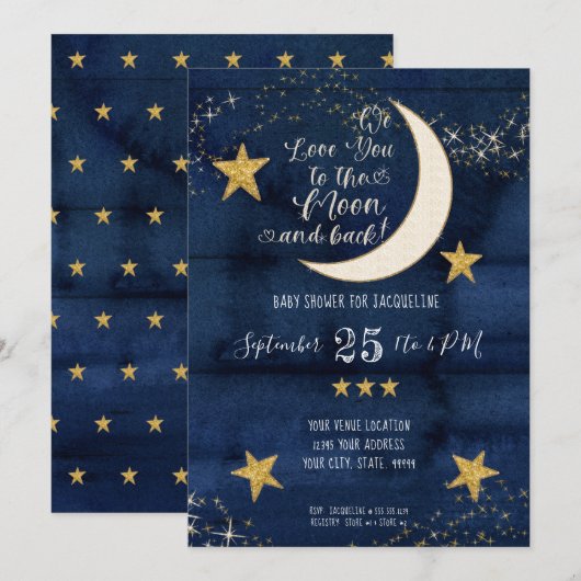 Navy Twinkle Little Star Moon Love Boy Baby shower Kaart (Voorkant / Achterkant)