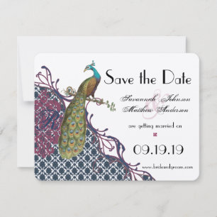 Navy & Very Berry Elegante Damast Pauw Huwelijk Save The Date