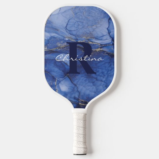 Navy Watercolor Monogram & Name Customizable Pickleball Paddle (Voorkant)