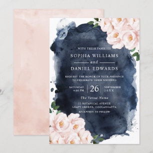Navy Waterverf & Beauful Blush Floral Wedding Kaart